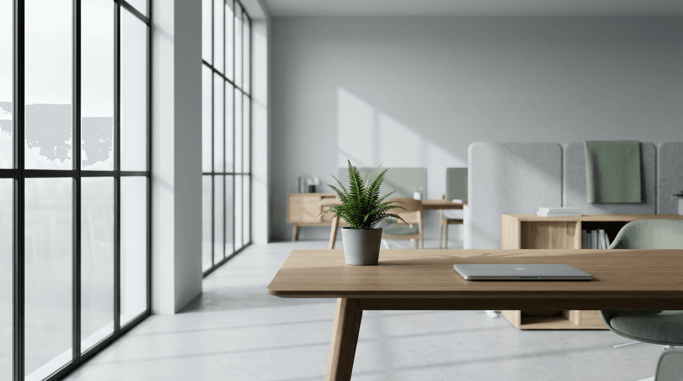 Professional finance office workspace with laptop and financial materials on a clean desk