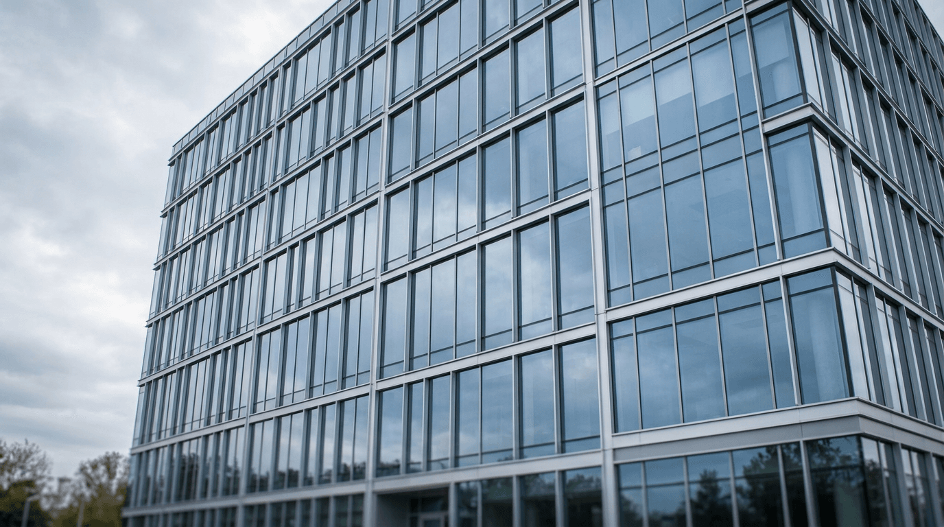 Contemporary commercial office building with glass and steel facade