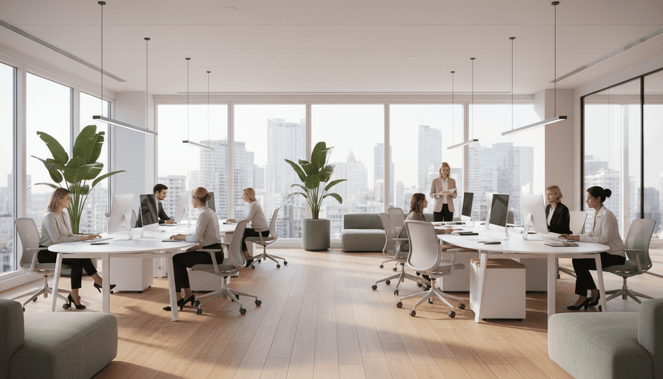 Professional modern office space with natural light and contemporary workspace