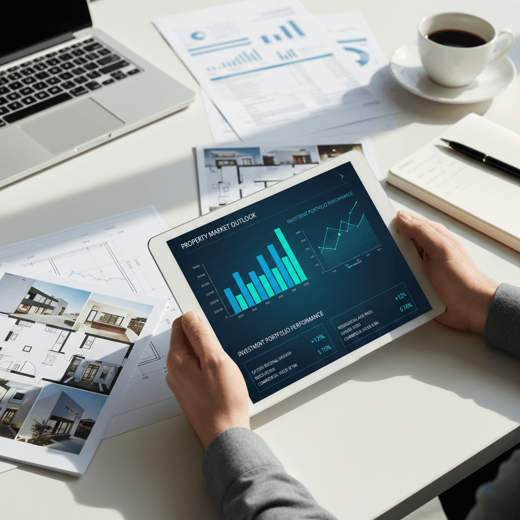 Property investor reviewing property finance documents and architectural plans at desk