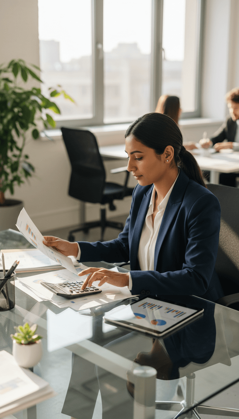 Business owner reviewing loan application documents at a modern desk