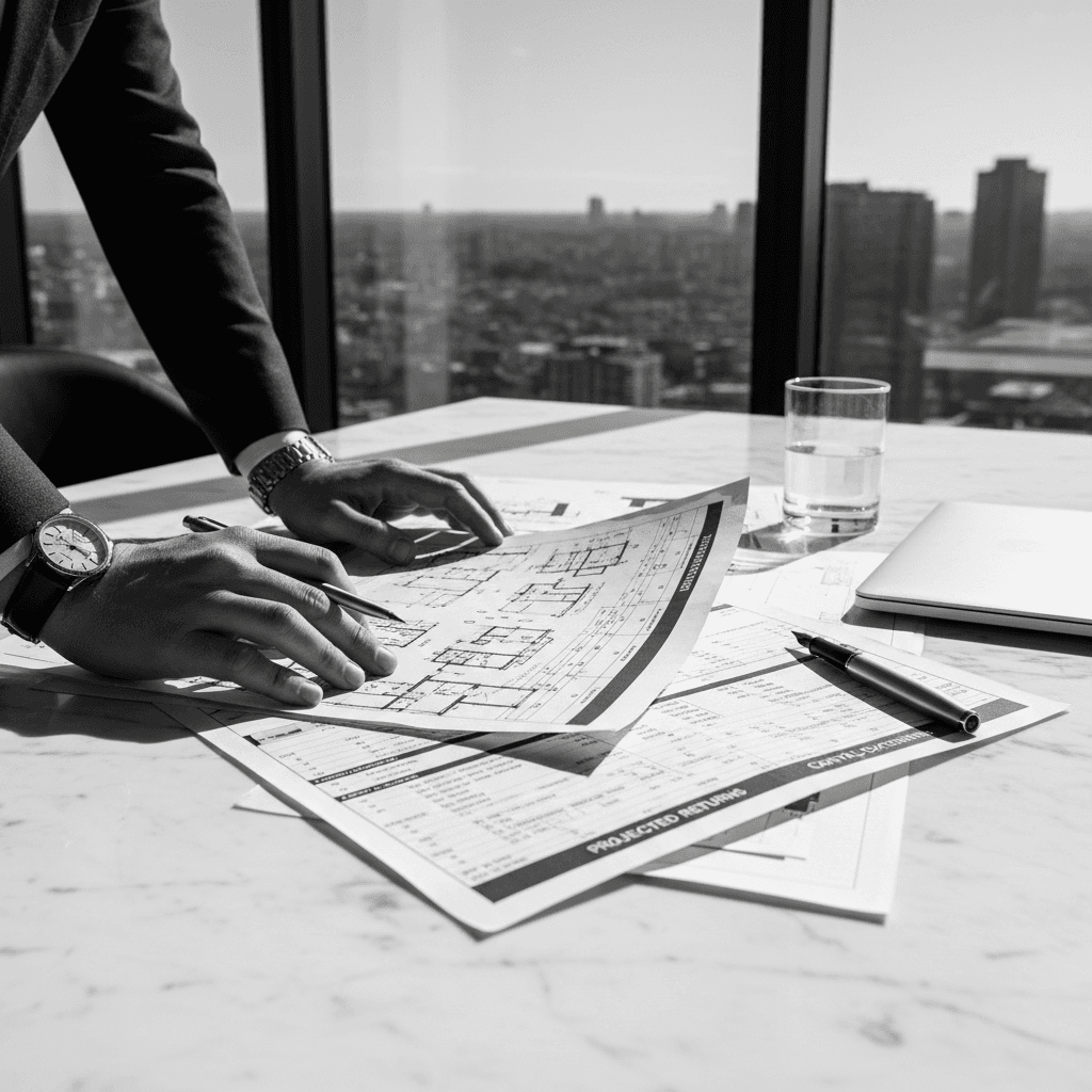 Property investor reviewing finance documents at a bright modern desk
