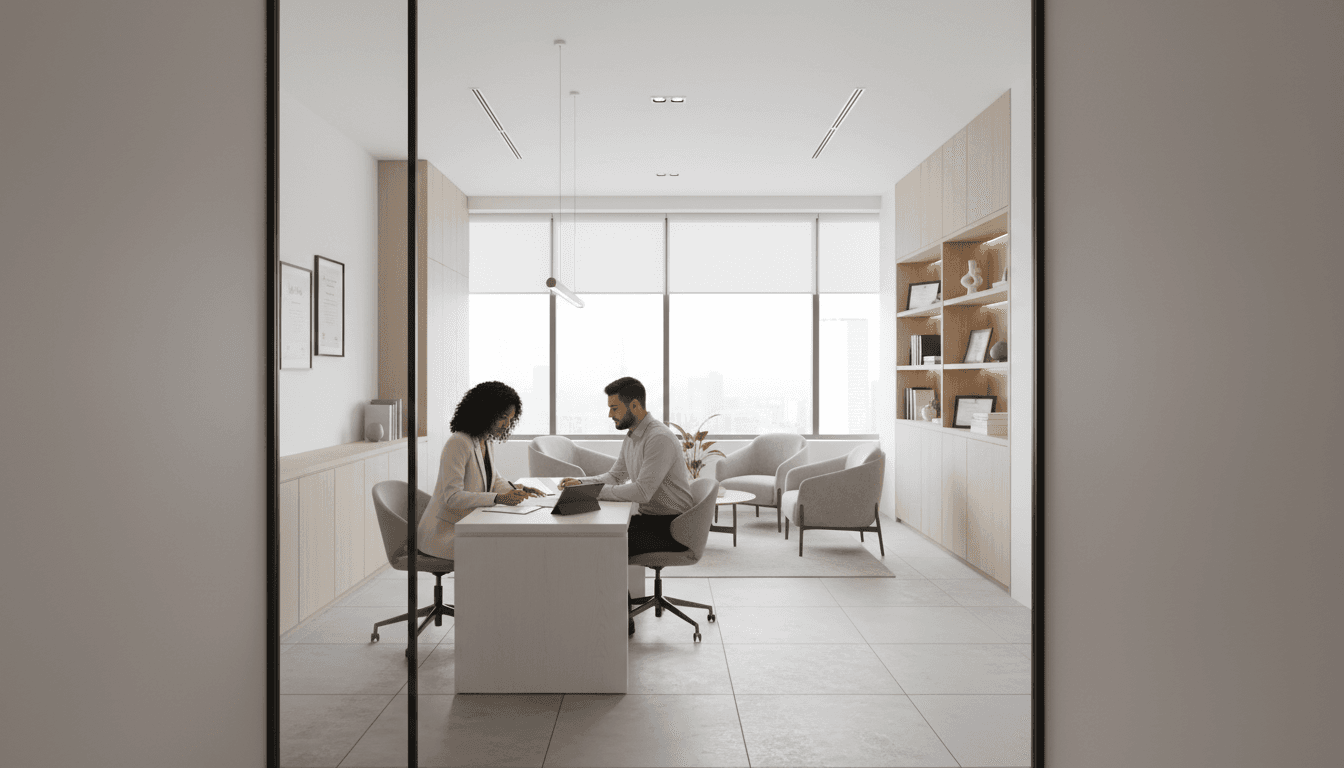 Financial advisor in modern office reviewing loan documents with client