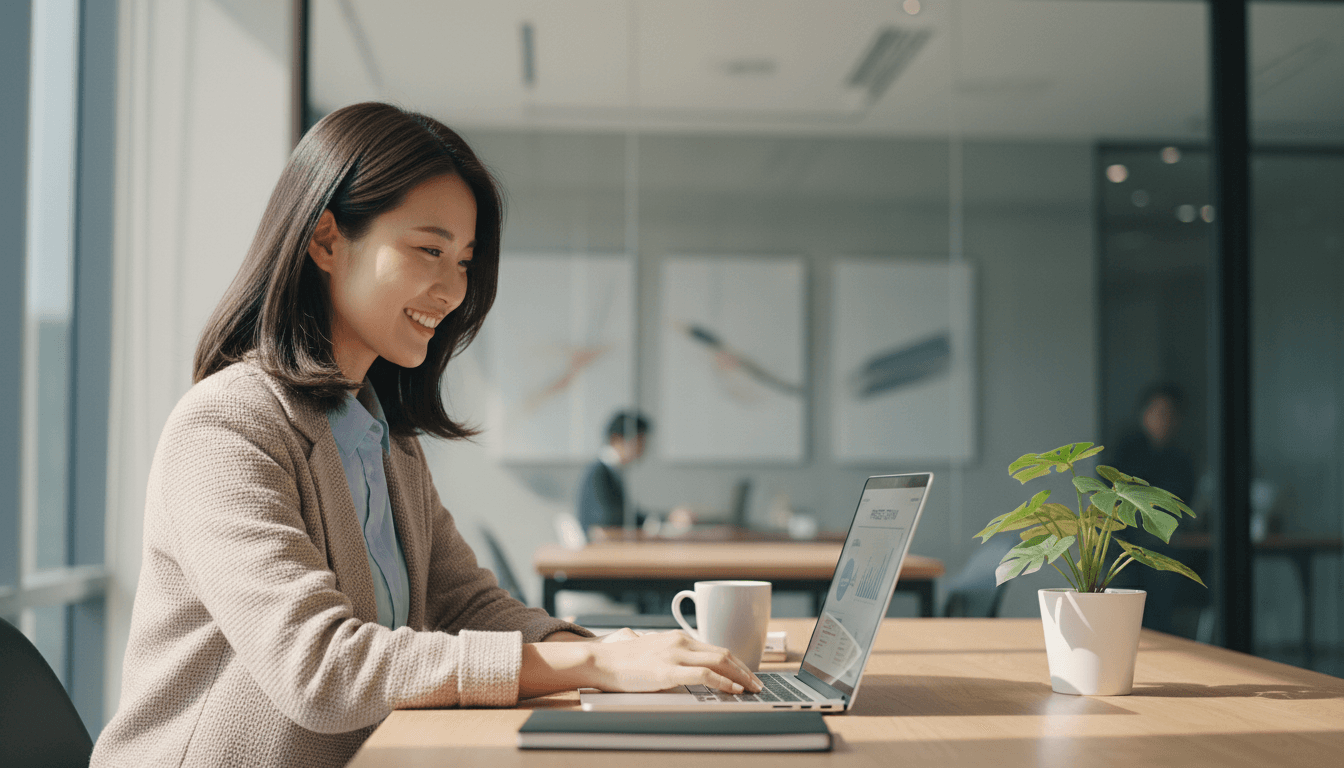Professional woman reviewing loan documents at desk with laptop