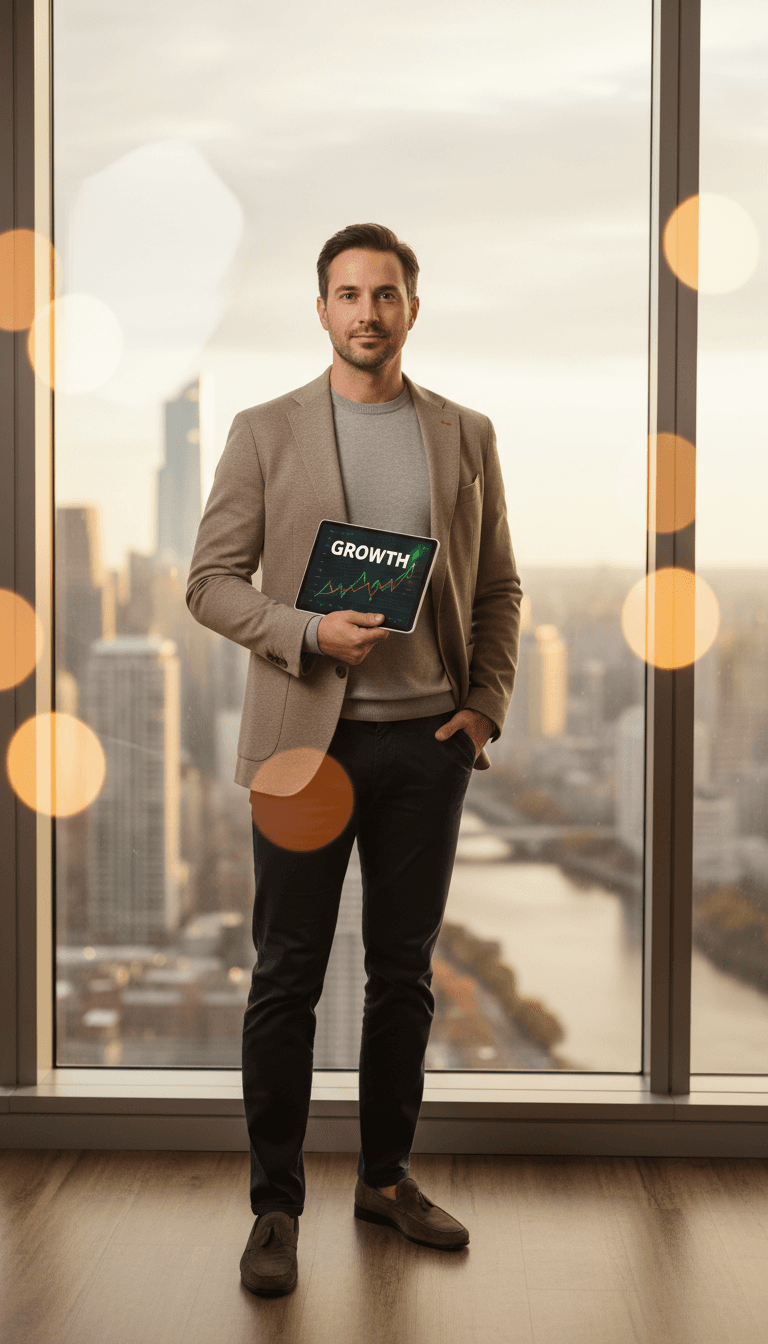 Modern office setting with financial professional reviewing investment documents at desk with multiple monitors