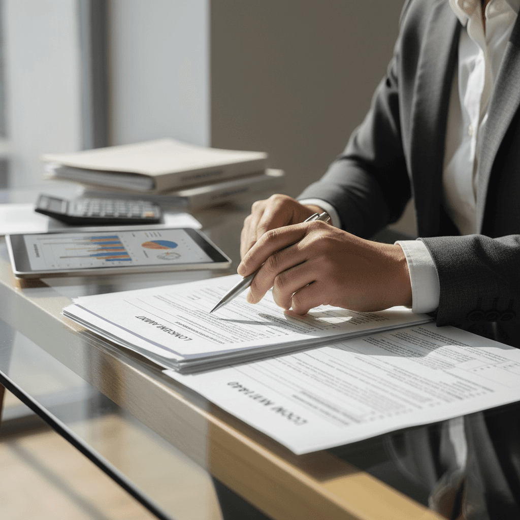 Professional in a modern finance office reviewing documents