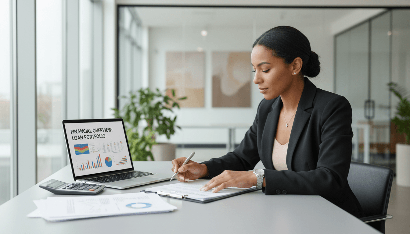 Professional reviewing loan documents at desk with laptop
