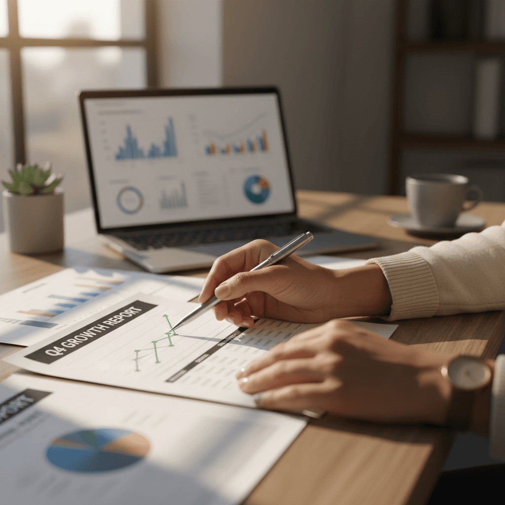 Business owner reviewing loan documents and growth charts