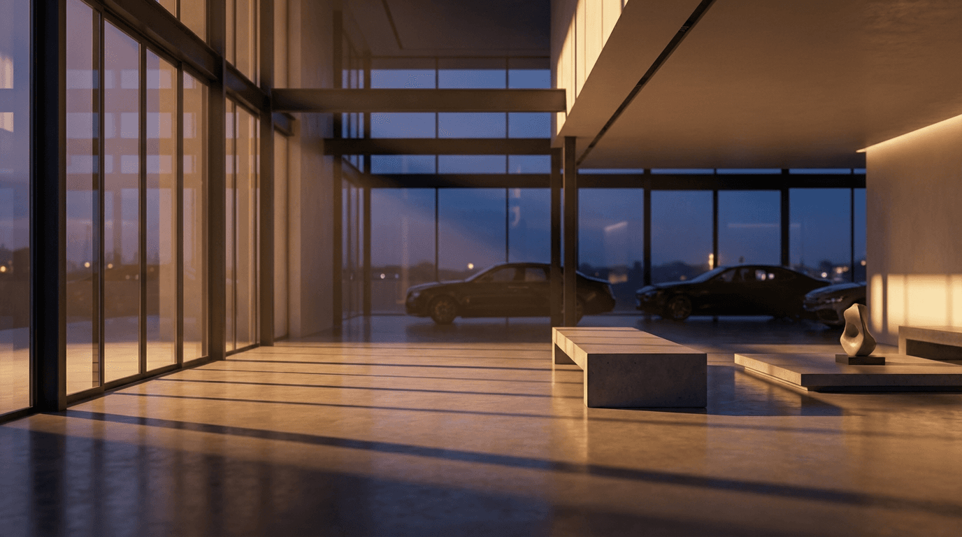 Silver car in bright modern showroom with natural light