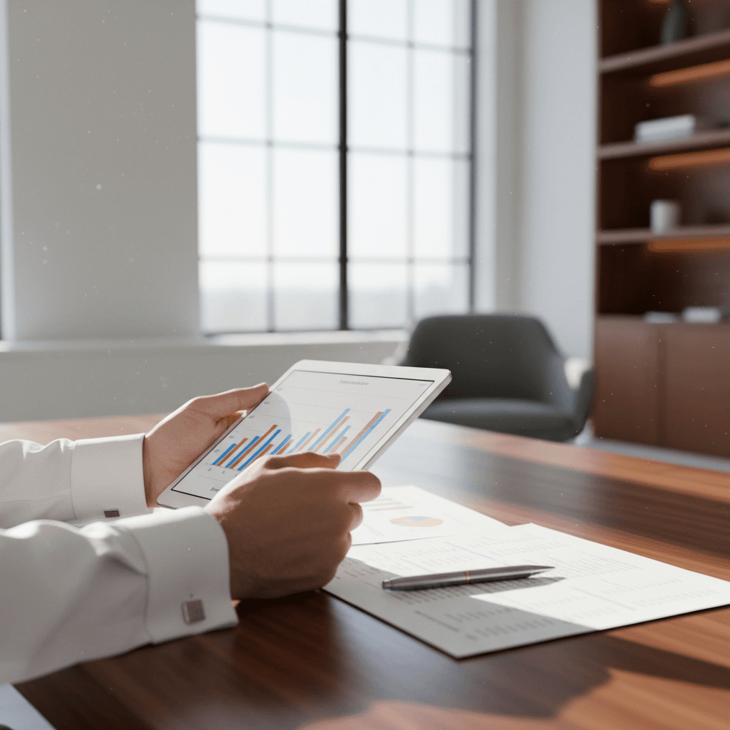 Professional investor reviewing financial documents and portfolio performance data