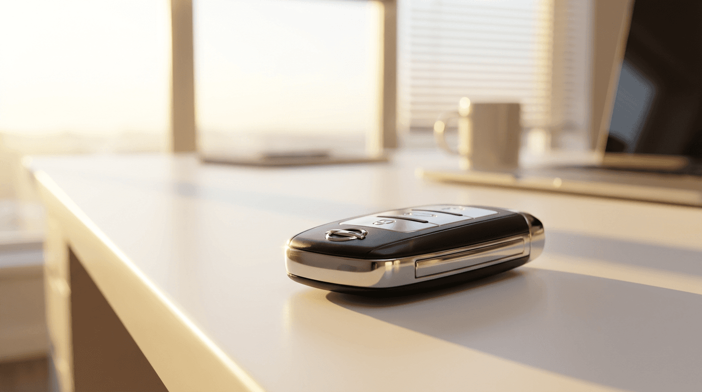 Close-up of car key held in hand with blurred luxury vehicle interior in background