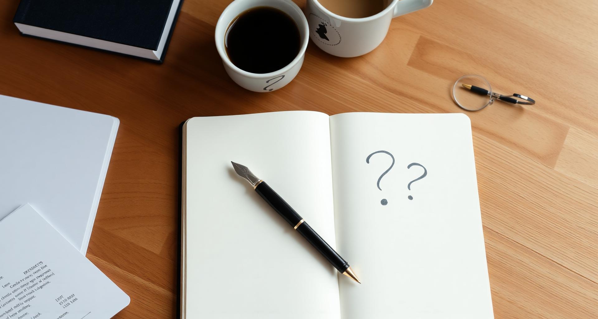 Open notebook with question marks beside a coffee cup