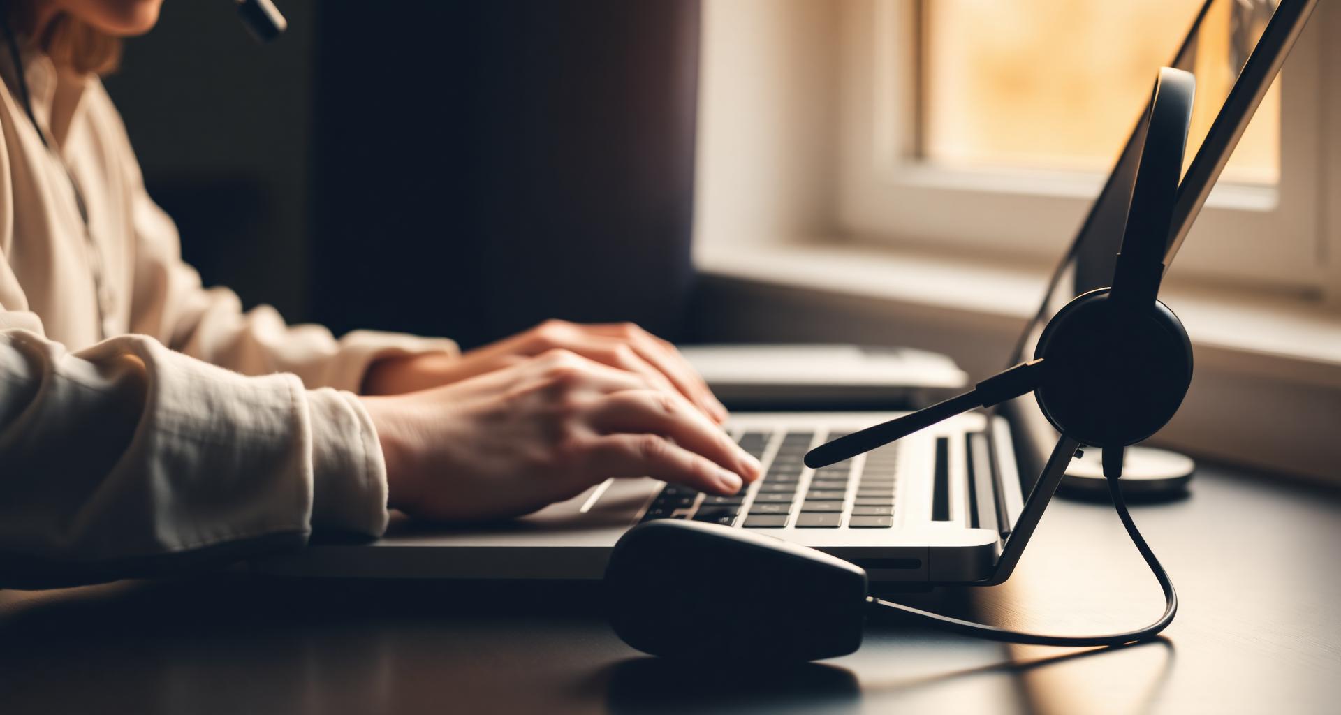 Specialist typing on a laptop with a support headset on the desk